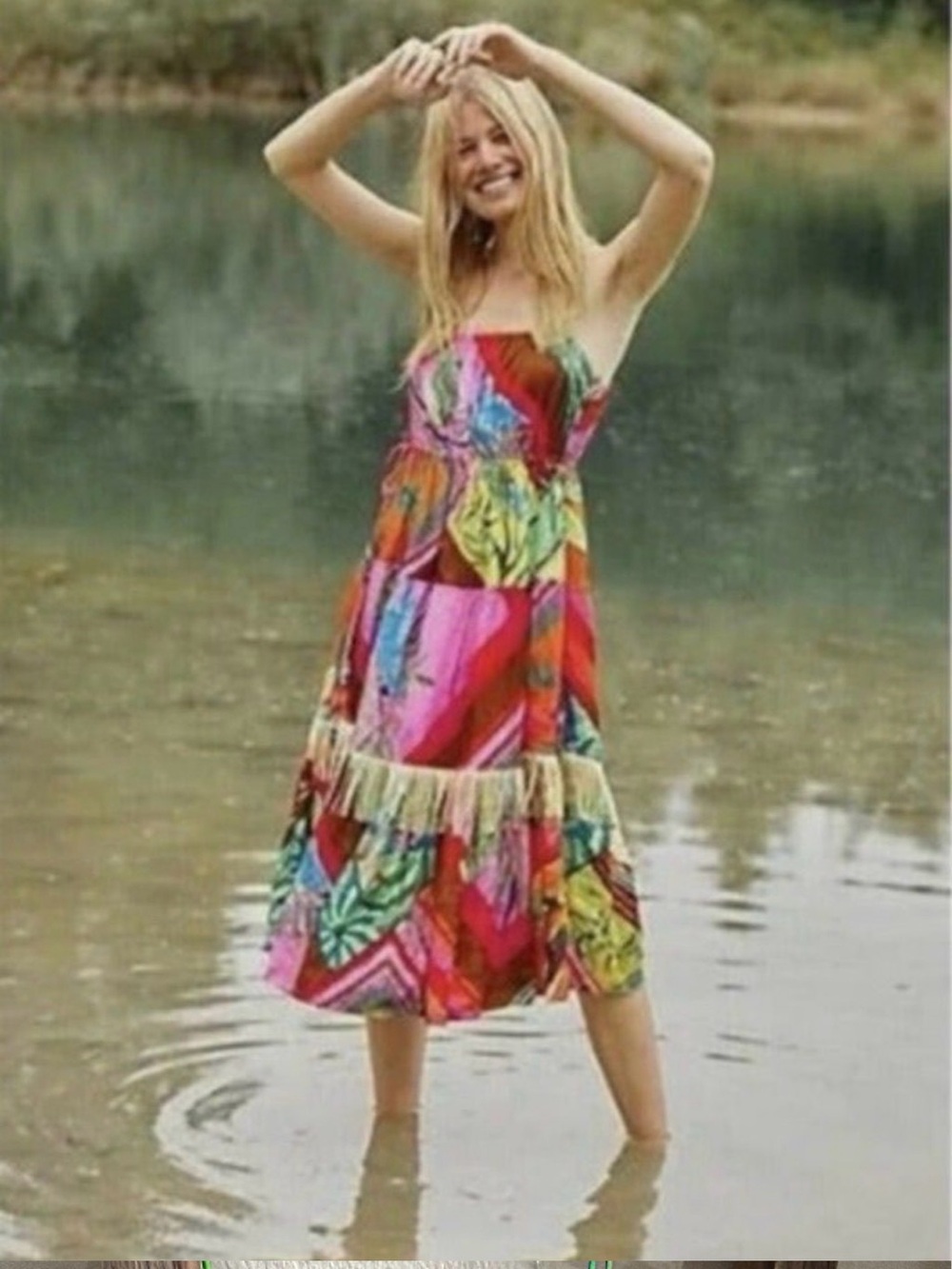 FARM Rio Multicolor Patchwork Midi Dress - Pink, Red, Green, Blue, Yellow. MED